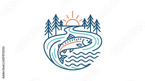 Cuadro en lienzo Salmon leaping upstream in a river surrounded by trees and sun.