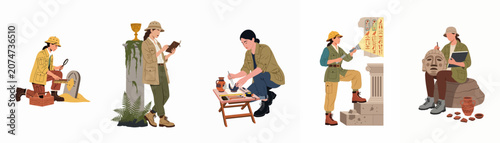 Photography Flat vector illustrations of female archaeologists exploring ruins, cleaning artifacts, studying hieroglyphs, and documenting discoveries on a white background