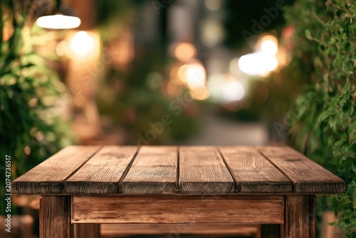 Empty wooden table with bokeh lights and lush greenery, evokes evening ambiance