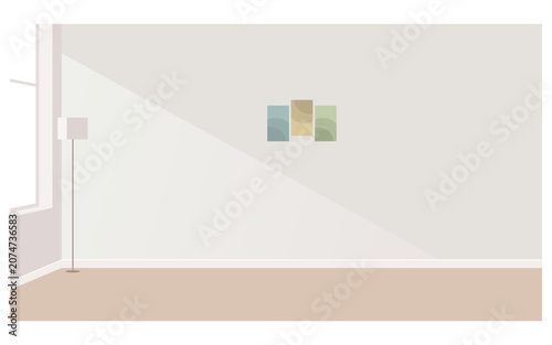 Modern minimalist living room empty wall mockup background, vector illustration of room interior with window light shadow beam, floor lamp and picture frame decor, architecture