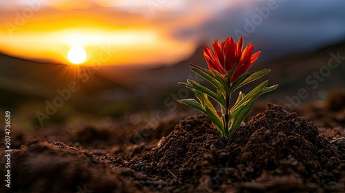 Vibrant red bloom emerges from soil, bathed in a warm sunset's glow