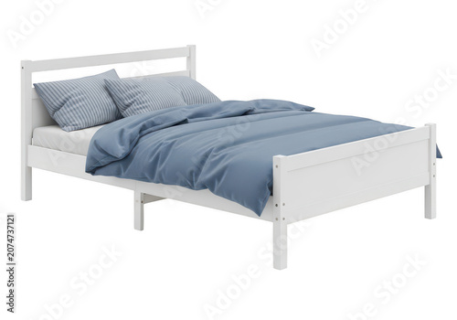 White bed with blue bedding and striped pillows.