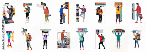 Schilderij op canvas Collection of diverse people packing and storing camping gear, sleeping bags, and backpacks in various overhead compartments and storage units
