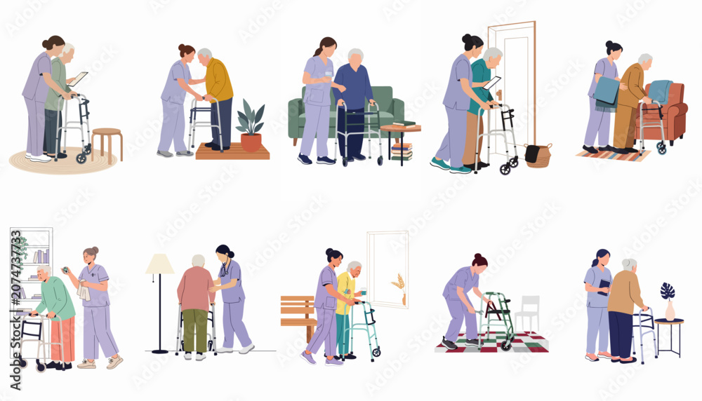 Fototapeta premium Flat illustration set of female caregivers assisting elderly people with walkers in various home scenarios, showcasing geriatric care and support.