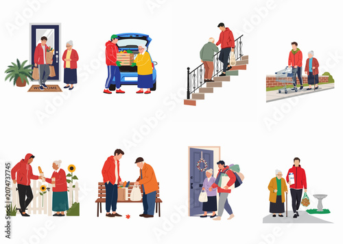 Vector set of flat illustrations featuring a young male volunteer assisting elderly people with grocery shopping, walking, and daily chores.