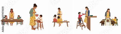 Foto Flat illustration set of a mother caring for and feeding her young children during various daily mealtime routines at home