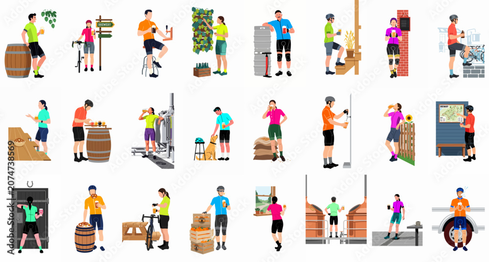 Fototapeta premium Large collection of flat vector illustrations depicting cyclists enjoying craft beer and visiting a brewery after a bike ride.