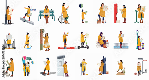 Bilde på lerret Collection of flat illustrations of a woman in a yellow trench coat exploring a city and navigating with paper maps in various urban settings