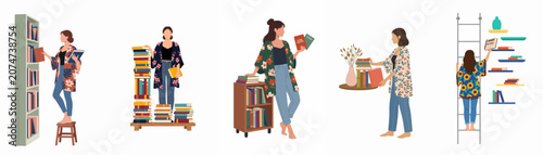 Bild auf Leinwand Flat Vector Illustration Set of a Young Woman Organizing her Personal Library and Reaching for Books on Shelves and Stacks