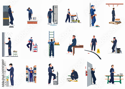 Diverse collection of flat vector illustrations depicting service workers, cleaners, and maintenance staff in various professional and idle workplace scenarios.