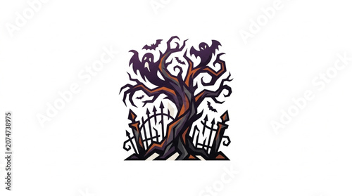 Canvas Print Spooky Halloween Tree with Ghosts and Bats.