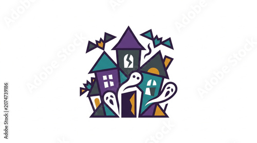 Tablou pe pânză Spooky Haunted House with Ghosts and Bats Illustration.