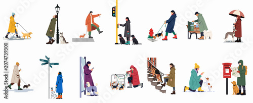 Flat vector illustrations of various people walking their dogs in different city settings and weather conditions.