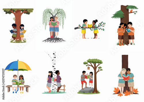 Collection of diverse children reading books together under various trees in a park, promoting literacy, education, and friendship in a flat vector style.