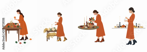 Collection of flat illustrations showing a woman in a terracotta dress decorating her home with autumn leaves, candles, and pumpkins for the fall season.