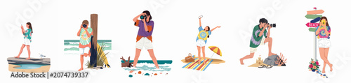 Konstfotografi Set of flat vector illustrations featuring diverse young people in tie-dye shirts taking photos and enjoying a summer beach vacation with cameras and smartphones