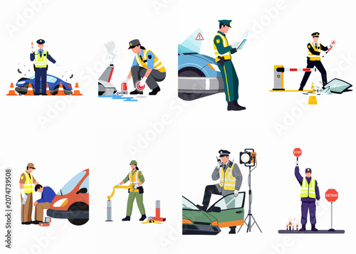 Traffic Police Illustrations Set Showing Road Accident Response Emergency Assistance Traffic Control and Law Enforcement Duties on Highway