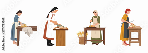 Collection of Flat Vector Illustrations Featuring Four Women in Traditional Clothing Slicing Fresh Bread on Rustic Wooden Tables, Isolated on White Background