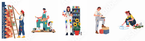 Flat Vector Illustration Set of Diverse Young Artists Engaged in Creative Painting, Mural Design, and Street Art Activities on a White Background.