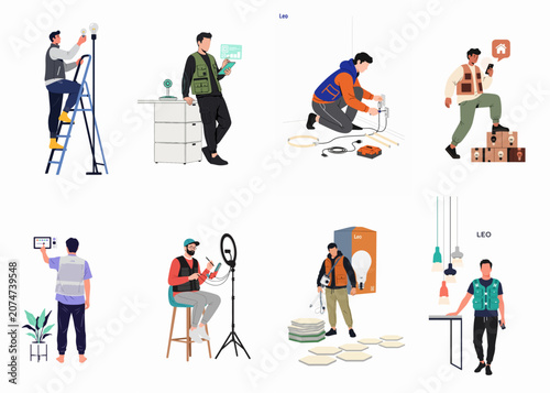 Collection of flat illustrations showing various technicians and handymen installing and managing smart home lighting systems and electrical devices.