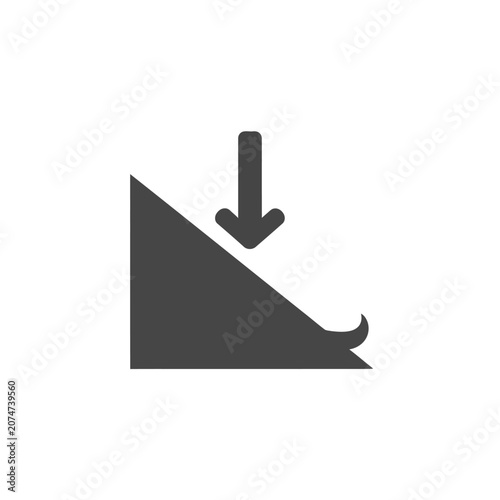 Minimalist inclined plane icon representing a yoga balance board tilt angle, slope or ramp with downward arrow