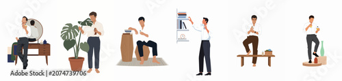Canvastavla Flat vector illustration set of a modern man in various domestic scenarios including grooming, applying cologne, and caring for houseplants