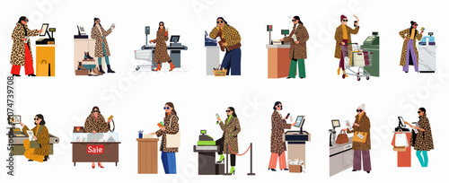 Collection of flat vector illustrations of fashionable women in leopard print coats shopping and paying at various retail checkout counters.