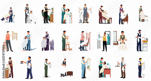 Professional Barber Services Collection: Flat Vector Illustrations of Men's Grooming and Shaving in Classic Barbershop Settings