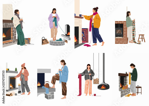 A set of flat illustrations featuring women knitting by various fireplaces in cozy, warm indoor settings, perfect for winter and home comfort themes.