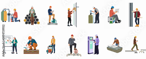 Set of vector illustrations featuring male and female engineers and technicians working on water distribution, plumbing, and industrial maintenance projects.