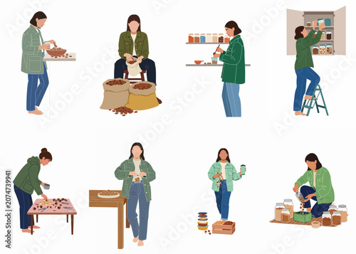 Illustrations of a woman organizing, sorting, and storing various nuts and seeds in a zero-waste kitchen and pantry setting.