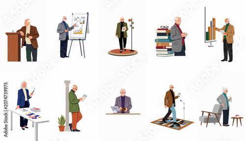 Set of illustrations depicting active senior professionals, speakers, and lecturers in various business and educational scenarios on a white background.