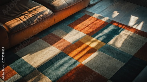 A colorful geometric rug illuminated by direct sunlight beside a sofa