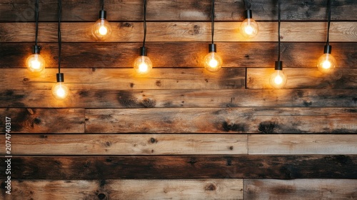 Hanging lightbulbs illuminate against a rustic wooden plank wall background