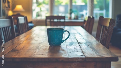 A turquoise mug sits upon a wooden dining table