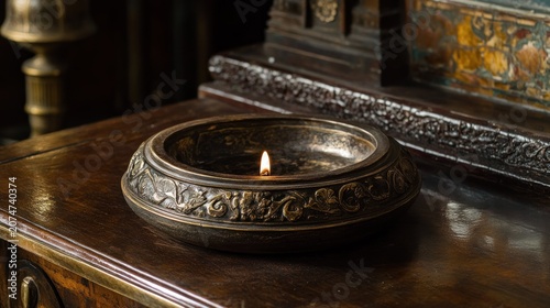 A Small Lit Candle Burning Inside An Ornate Bowl