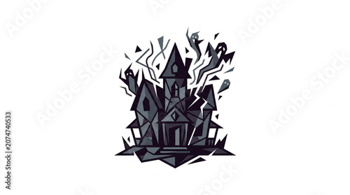 Fotografía Spooky haunted house with ghosts and lightning illustration.