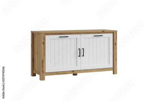 Wooden cabinet with white doors and handles.