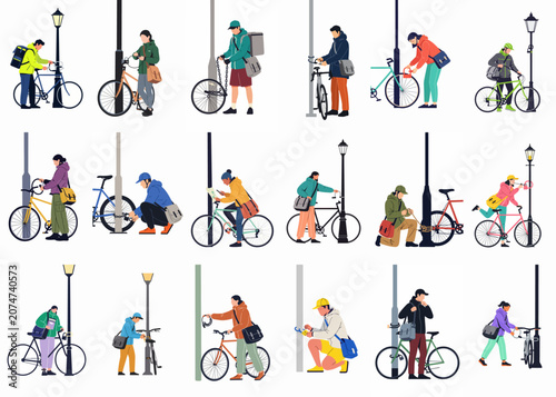 Konstfotografi Collection of diverse people locking and unlocking their bicycles to urban poles and lampposts, flat vector illustration of city commuting and bike security