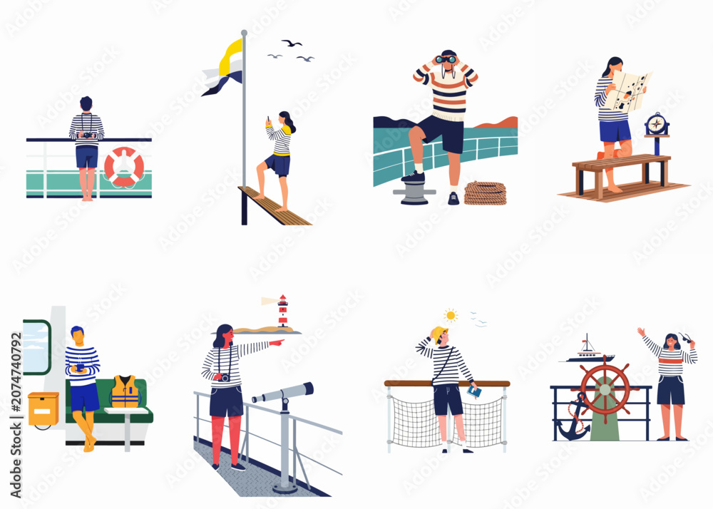 Naklejka premium A collection of flat vector illustrations showing various people enjoying a nautical boat trip and maritime activities on a ship deck.