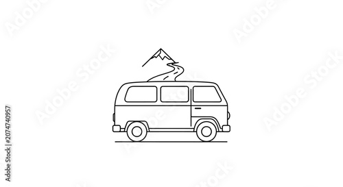 Minimalist illustration of a van journeying on a road towards a mountain peak