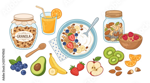 A vibrant still life of fresh fruits and breakfast foods on a table