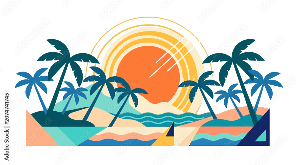Fototapeta premium Abstract Geometric Tropical Beach Sunset with Palm Trees Vector Illustration 