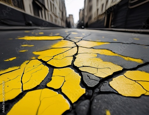 close up of cracked asphalt road with yellow paint urban street texture rough surface weathered road street art