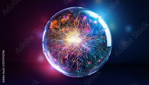 glass sphere glowing with internal colorful neural network