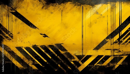 grunge yellow and black abstract background with distressed texture dirty paint splatter rough stripes and urban industrial design worn surface backdrop for posters and banners