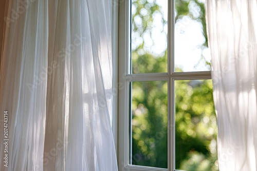 Soft white sheer curtains frame a sunlit window overlooking lush green foliage