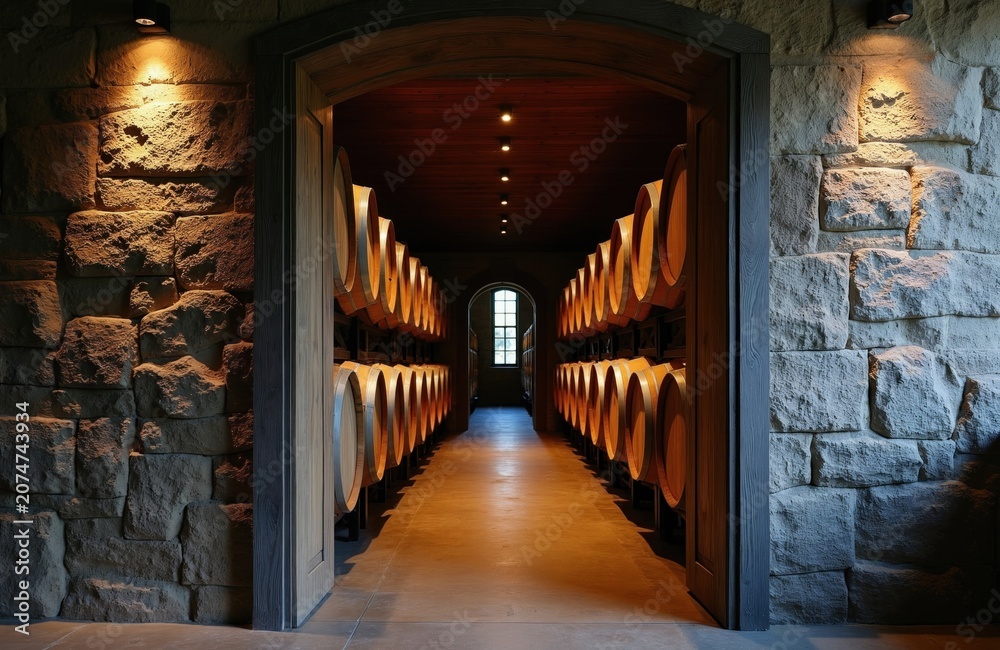 Fototapeta premium Stone winery cellar with rows of wooden barrels stacked high. Warm light illuminates the rustic atmosphere, creating a sense of tradition and quality. Dimly lit space with arched doorway and window.