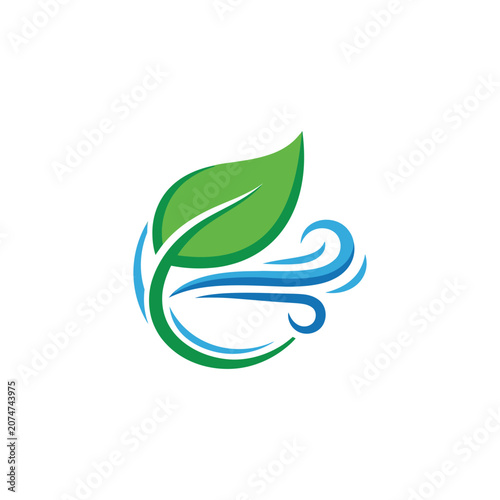 Green leaf icon with blue wind swirl lines.