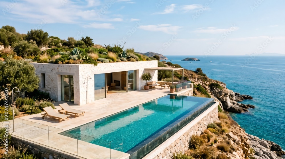 Fototapeta premium Luxury Modern Villa with Infinity Pool and Green Roof Overlooking the Ocean, Contemporary Coastal Architecture on a Cliffside